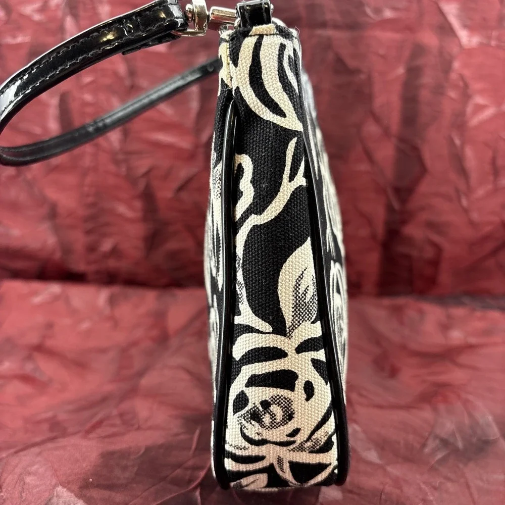 Vintage Lulu Guinness Black White Pink Rosebud Print Baguette Style Handbag  EUC
